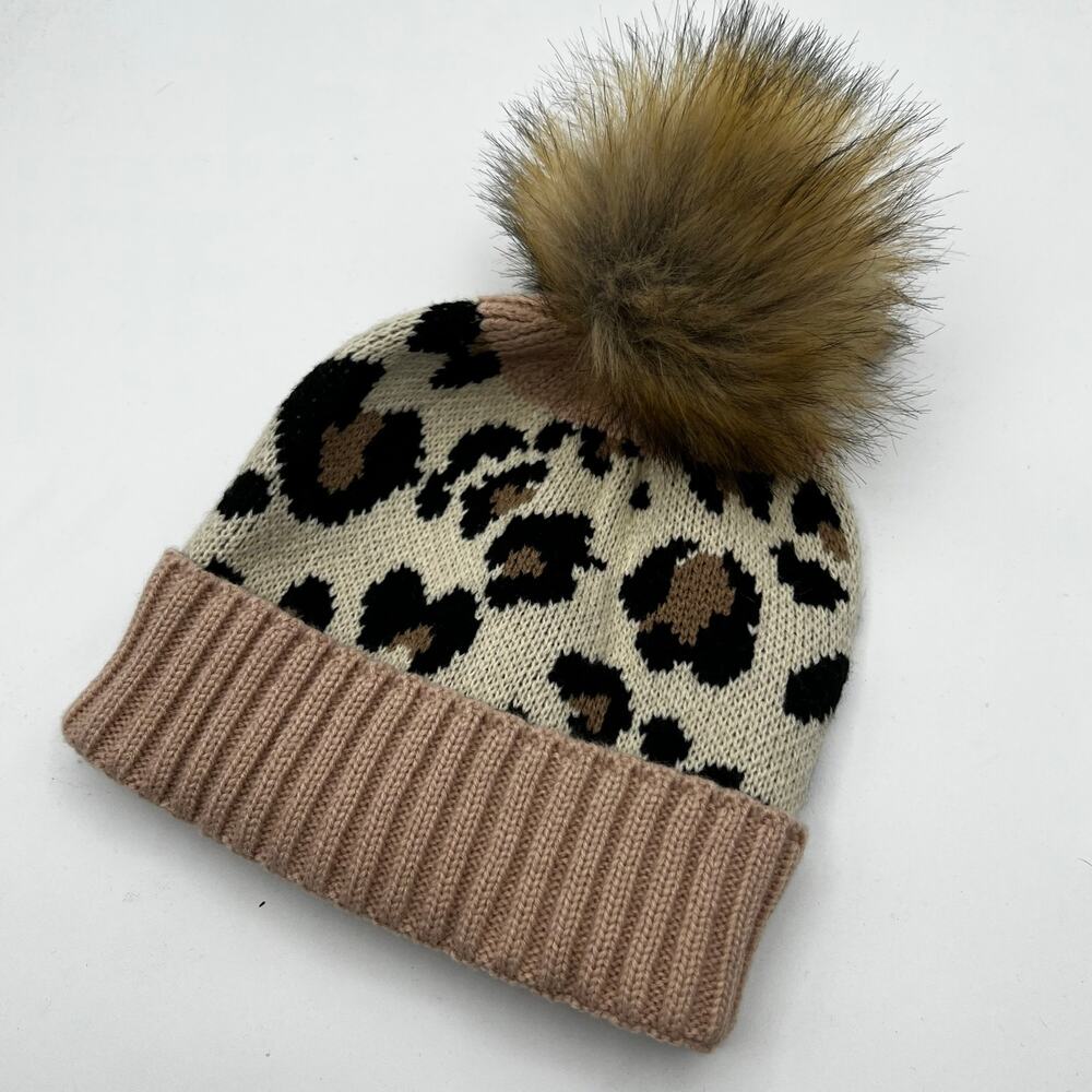 Leopard Print and Pink Pom Pom Beanie Hat